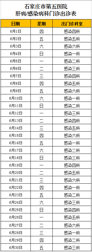2023年6月份肝病/感染病科门诊出诊表 2023年6月份肝病/感染病科门诊出诊表