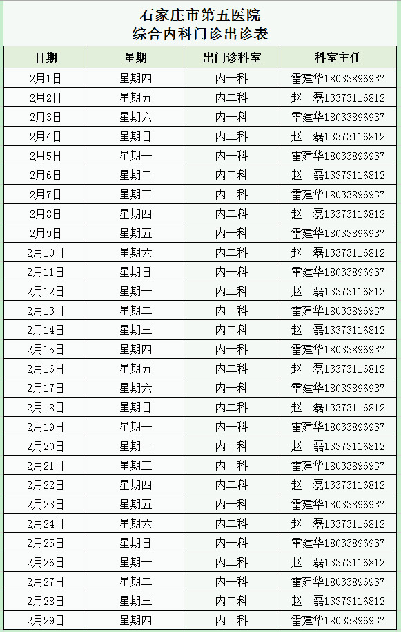 2024年2月综合内科门诊出诊表 2024年2月综合内科门诊出诊表