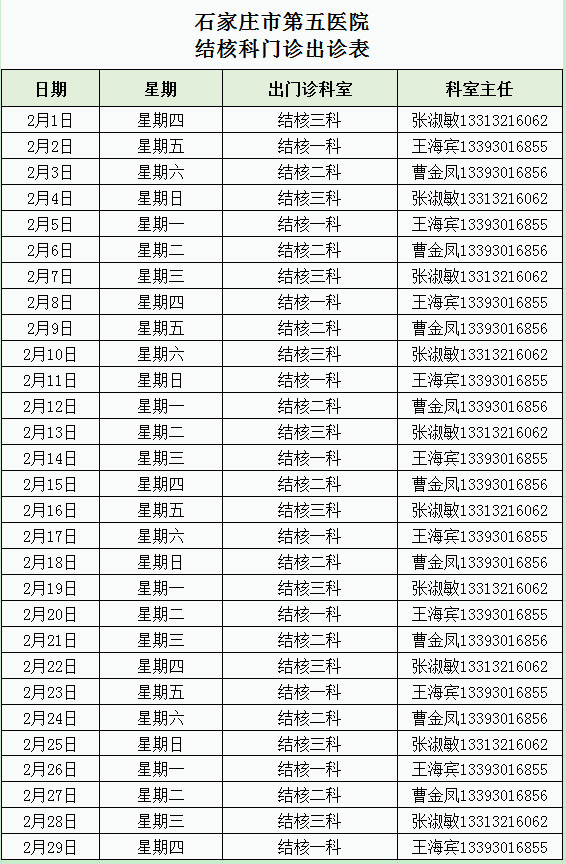 2024年2月份结核科门诊出诊表 2024年2月份结核科门诊出诊表