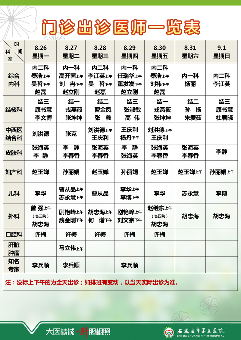 2024年8月19日—8月25日 门诊出诊医师一览表 2024年8月19日—8月25日 门诊出诊医师一览表