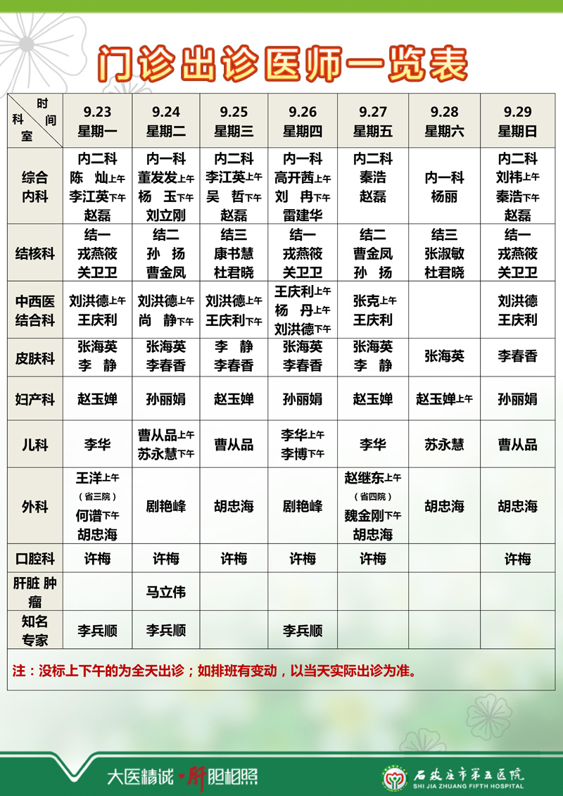 2024年9月16日—9月22日 门诊出诊医师一览表 2024年9月16日—9月22日 门诊出诊医师一览表