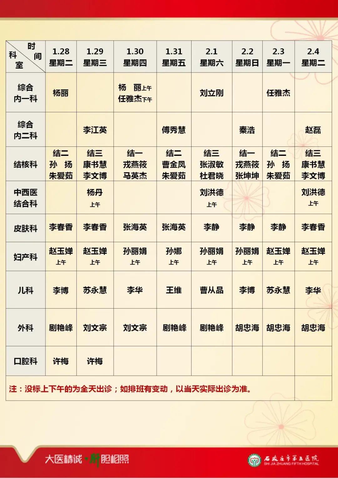 【春节不停诊】石家庄市第五医院2025年春节假期出诊安排
