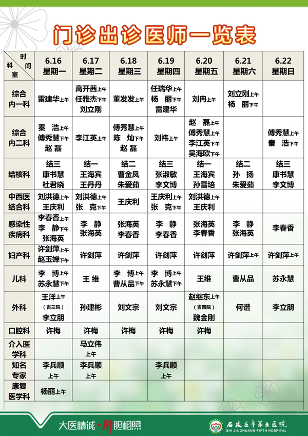 2025年6月9日—6月15日 门诊出诊医师一览表 2025年6月9日—6月15日 门诊出诊医师一览表