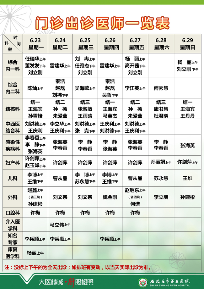 2025年6月16日—6月22日 门诊出诊医师一览表 2025年6月16日—6月22日 门诊出诊医师一览表