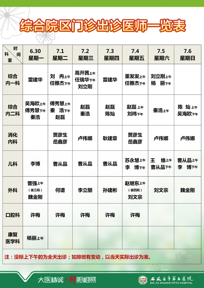 2025年6月23日—6月29日 门诊出诊医师一览表 2025年6月23日—6月29日 门诊出诊医师一览表