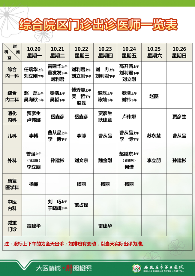 2025年10月13日—10月19日 门诊出诊医师一览表